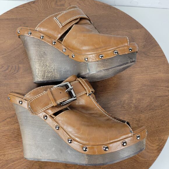 GC Womens Veronica Sandals 38 Brown Leather Peep Toe Buckle Wooden Chunky Wedge - Picture 5 of 13